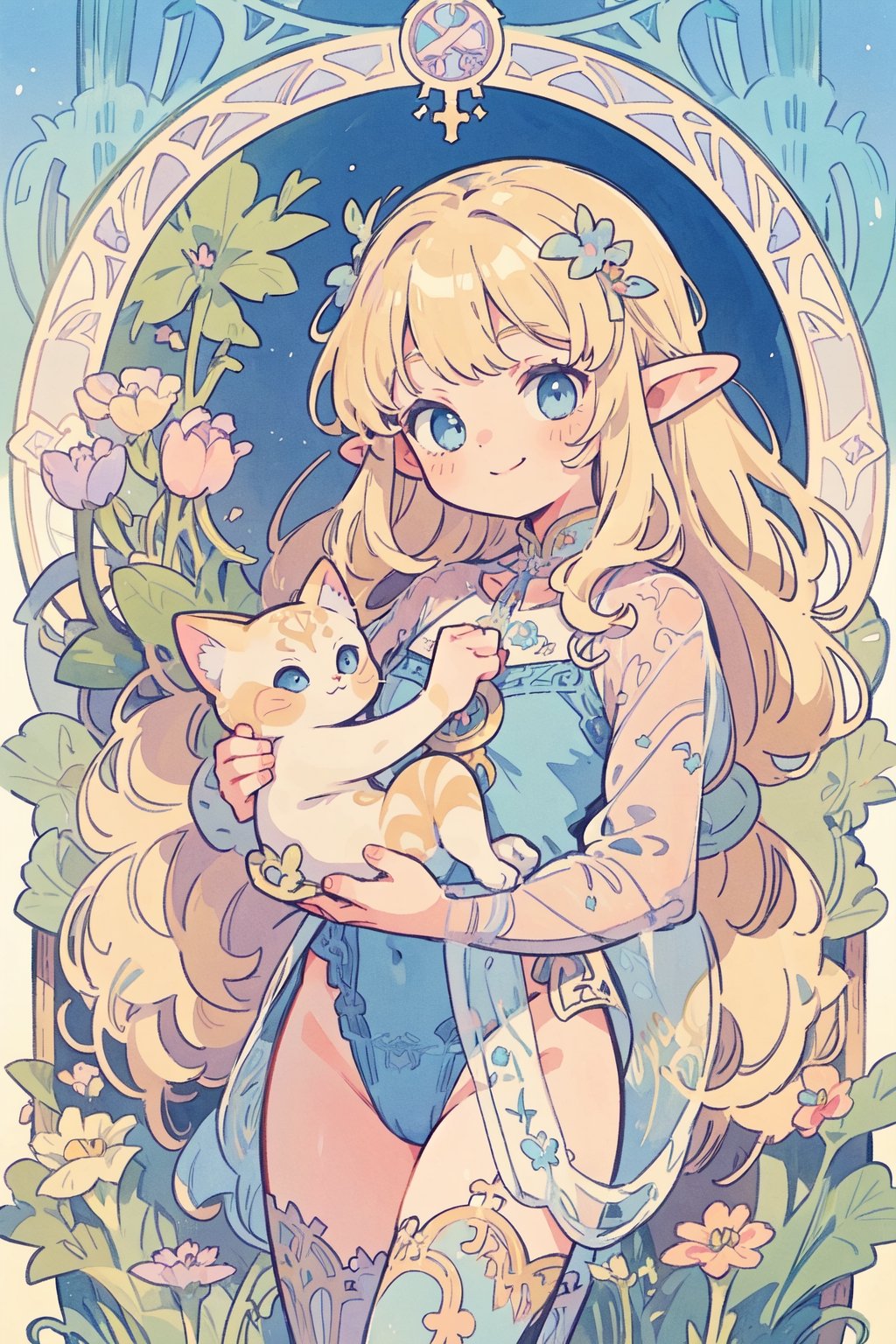 (masterpiece, best quality, highly detailed, ultra-detailed, intricate), illustration, pastel colors, art_nouveau, Art Nouveau by Alphonse Mucha, tarot, A teenage female elf, blonde hair, blue eyes, wearing lingerie, see-through, carrying a cat in her hand, is smiling,  full of innocence, innocence and no fear. The Fool card represents a new beginning, new adventures and challenges, and a spirit of faith, courage, and optimism,watercolor,masterpiece,kawaiitech