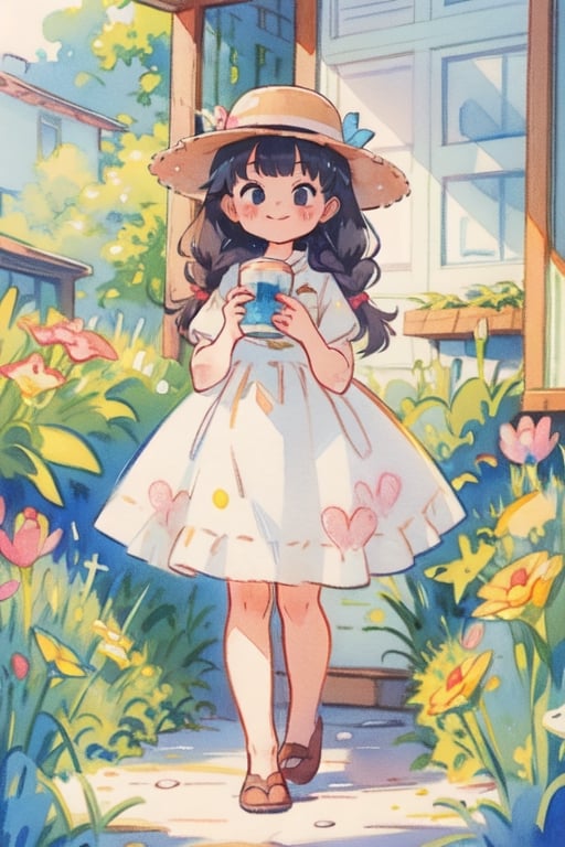 Watercolor, colourpencil painting, 1 girl , black eyes, hair, braided_hair, straw hat, vintage dress, beautiful face, cartoon, anime, 2D, cute, (vintagepaper), high_resolution, masterpiece, best quality, nice hands, perfect hands, full_body, cafe background, (indoor), drinking, sakura