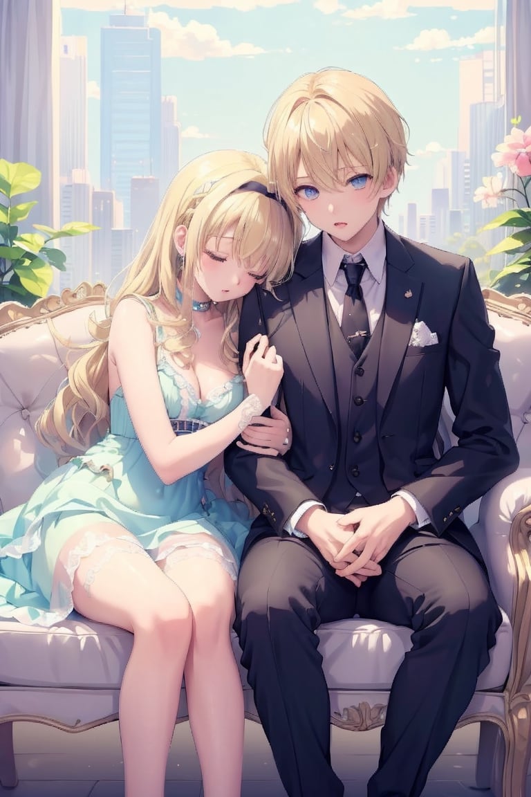 ((Masterpiece, highest quality)), 1 teenage boy and 1 teenage girl sitting together. Girl has blonde hair, blue eyes, see-through, lingerie with dress. ((Boy wear suit)), kawaiitech, perfect legs, better hands, (hug), pastelbg, sleeping on person