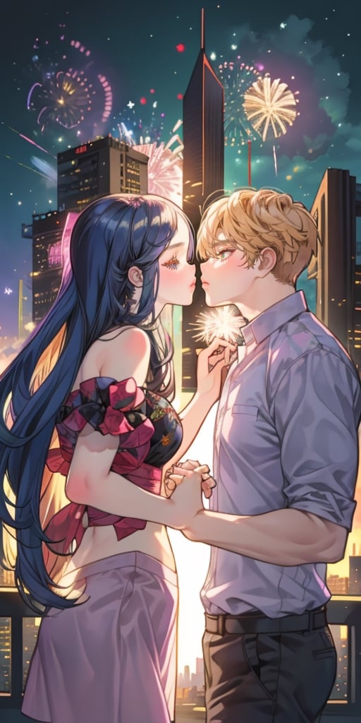 1boy and 1girl, holding hands kiss, close eyes, ((many fireworks explode over a city skyline)) , best quality, masterpiece,((BOTTOM VIEW)), beautiful faces, cyber_asia , best hand, perfect hands, dark night