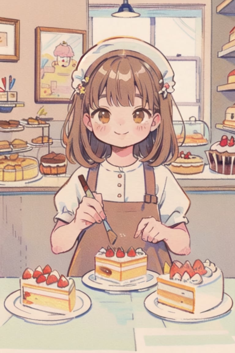 (Watercolor, colorpencil painting), warm pastel color, (brown), kawaii, cute colors, synthetic, transparent, 1girl, pale skin, brown long hair, headpiece, brown eyes, smile, vintage dress, closed mouth, making cakes, (cake shop, indoor) vintagepaper,watercolor,lineart