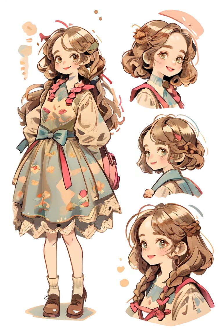 (masterpiece, best quality), hyperdetailed, warm pastel colour, flat color, brown, ultra detailed, smile, detailed eyes, 1 girl, grey braid hair, ((she wears only brown vintage dress)), charismatic, character sheet, (multiple views, full body, upper body, back, reverse view, reference sheet:1), (lora:GirlfriendMix2:1),watercolor, vintagepaper, hair style, ribon