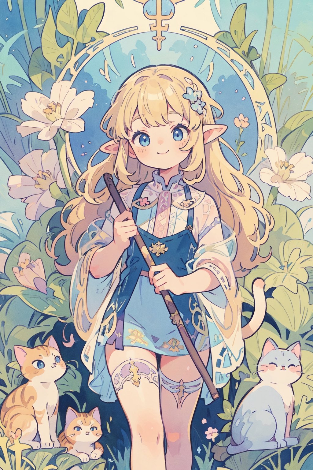 (masterpiece, best quality, highly detailed, ultra-detailed, intricate), illustration, pastel colors, art_nouveau, Art Nouveau by Alphonse Mucha, tarot, A teenage female elf, blonde hair, blue eyes, wearing lingerie, see-through, carrying a cane in her hand, is smiling, ((A cute cat next to her)),full of innocence, innocence and no fear. The Fool card represents a new beginning, new adventures and challenges, and a spirit of faith, courage, and optimism,watercolor,masterpiece,kawaiitech