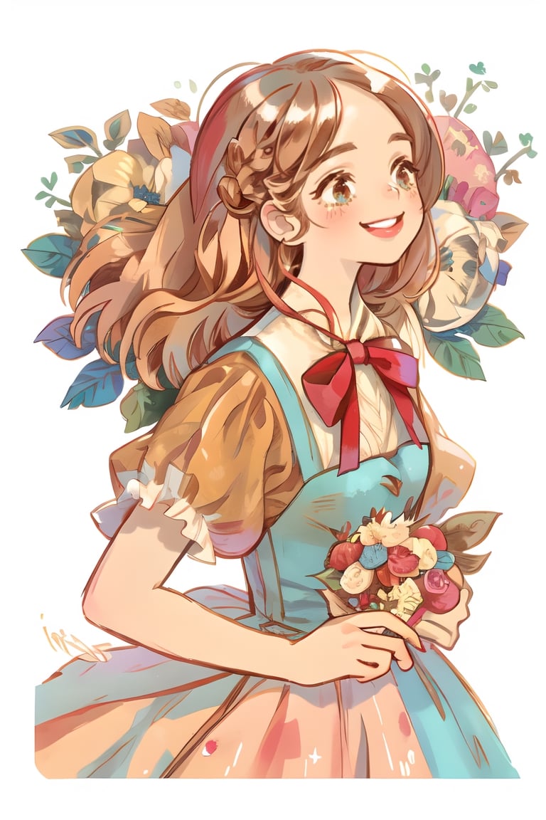(masterpiece, best quality), hyperdetailed, warm pastel colour, flat color, brown, ultra detailed, smile, detailed eyes, 1 girl, grey long braid hair, ((she wears only brown vintage dress, holding bouquet)), charismatic, character sheet, (multiple views, upper body, side body, back body, reference sheet:1),(lora:GirlfriendMix2:1),monochrome,sketch,greyscalee,watercolor, vintagepaper,perfect,hand,fingers