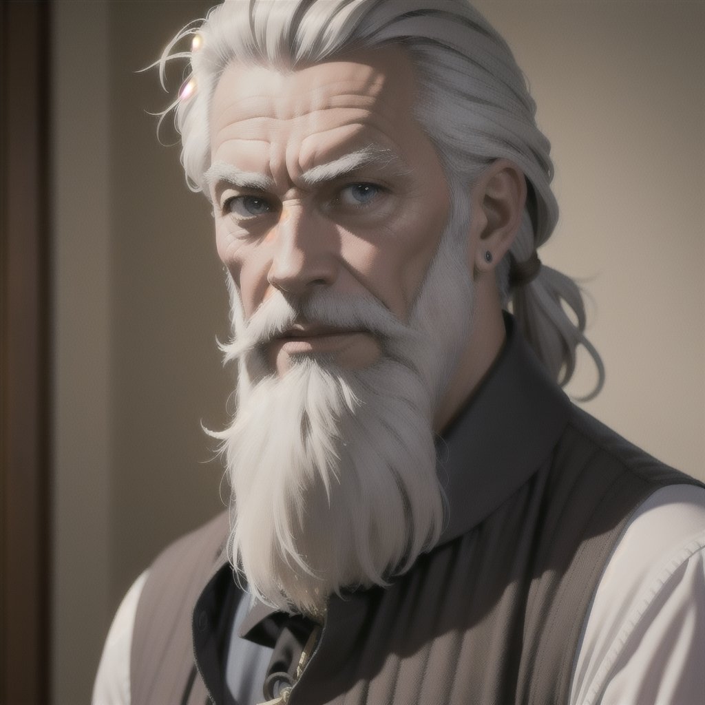 masterpiece, best quality, 1male. 50 years old, long grey hair,  grey long beard, brown skin, wearing American clothes and jewelry, extremely detailed CG unity 8K wallpaper, Elderly,(MkmCut),insertNameHere