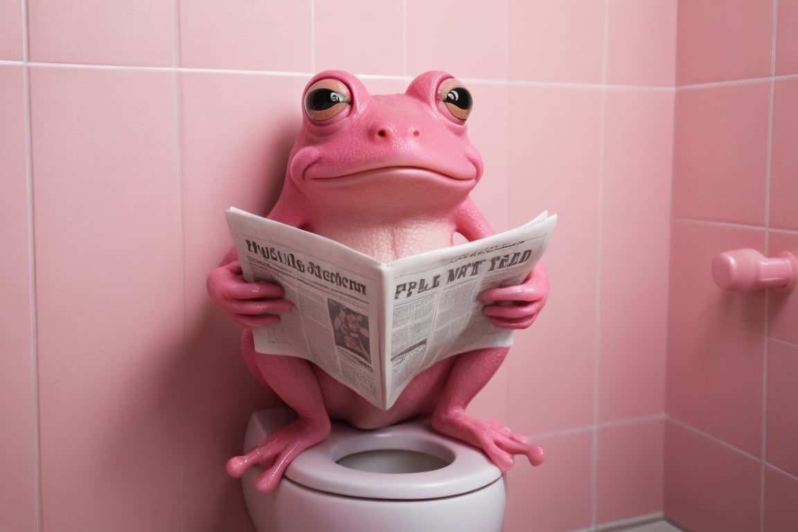 a pink frog, sitting on the toilet with its paws dangling, reading a newspaper. hyperdetalization, stylization, lots of details,8k.