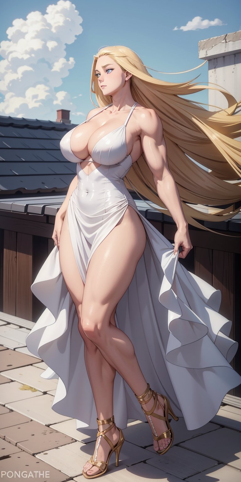 masterpiece, best quality, absurdres, perfect anatomy, 1girl, solo, outdoors, rooftop, midnight, full_body, feet, standing_up, muscular_body, muscular_female, gigantic_breast, lithe_body, facing_viewer, looking_at_viewer, focus, gigantic_breasts, ANIME_CathleenBate_MyHero_ownwaifu, CathleenBate, blonde_hair, bare_arms, bare_shoulders,  long_hair, blue_eyes, tall_female, floating_hair, lace_wedding_dress, high_heels,