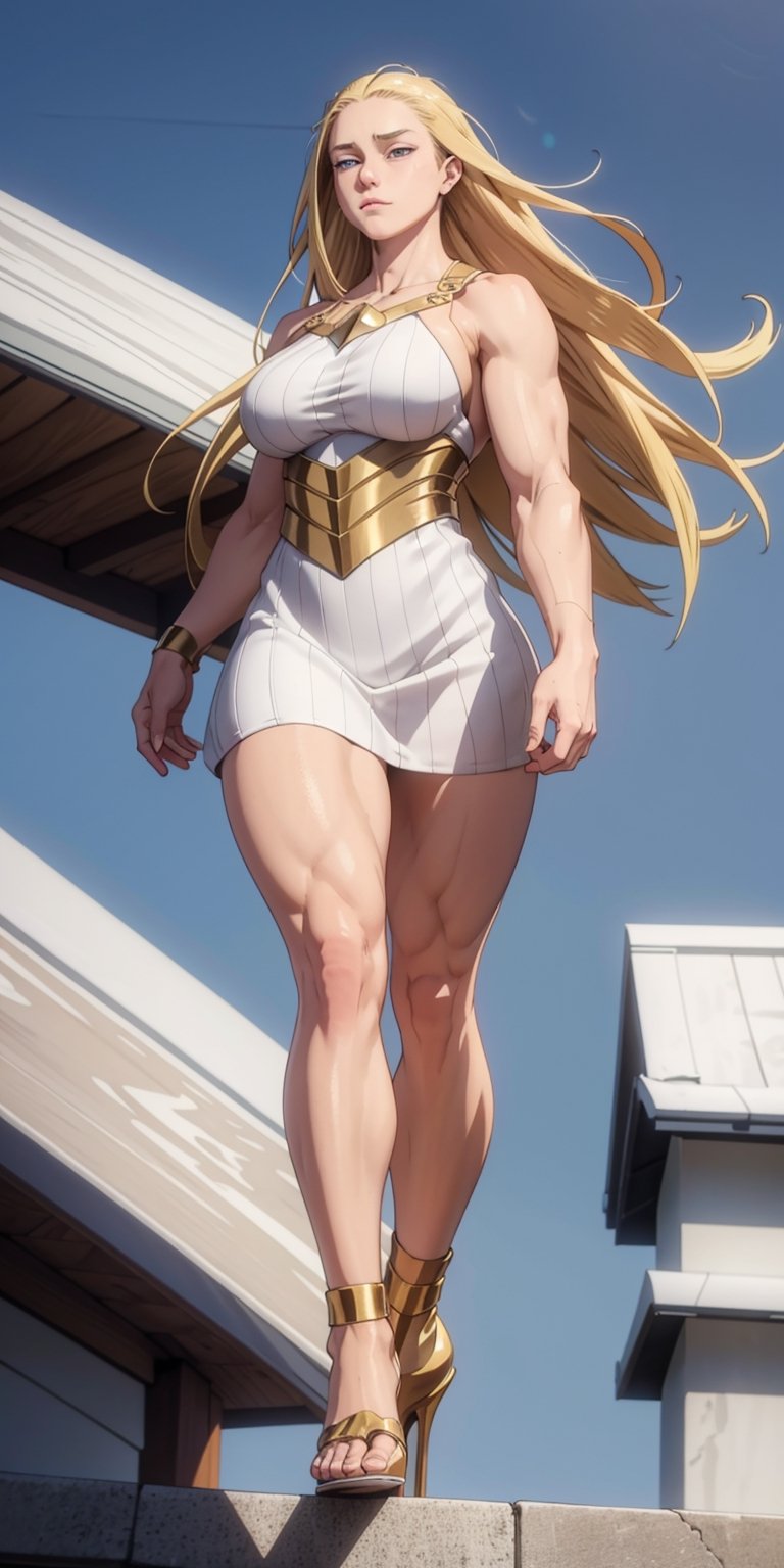 masterpiece, best quality, absurdres, perfect anatomy, 1girl, solo, outdoors, rooftop, midnight, full_body, feet, standing_up, muscular_body, muscular_female, gigantic_breast, lithe_body, facing_viewer, looking_at_viewer, focus, gigantic_breasts, ANIME_CathleenBate_MyHero_ownwaifu, CathleenBate, blonde_hair, bare_arms, bare_shoulders,  long_hair, blue_eyes, tall_female, floating_hair, micro_dress, high_heels,