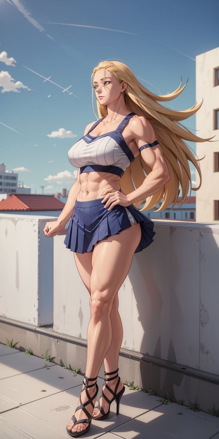 masterpiece, best quality, absurdres, perfect anatomy, 1girl, solo, outdoors, rooftop, midnight, full_body, feet, standing_up, muscular_body, muscular_female, gigantic_breast, lithe_body, facing_viewer, looking_at_viewer, focus, gigantic_breasts, ANIME_CathleenBate_MyHero_ownwaifu, CathleenBate, blonde_hair, bare_arms, bare_shoulders,  long_hair, blue_eyes, tall_female, floating_hair, exposed_midriff, black_micro_skirt, white_camisole, heels,