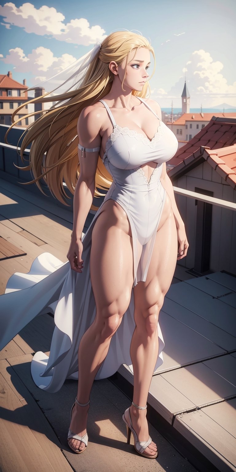 masterpiece, best quality, absurdres, perfect anatomy, 1girl, solo, outdoors, rooftop, midnight, full_body, feet, standing_up, muscular_body, muscular_female, gigantic_breast, lithe_body, facing_viewer, looking_at_viewer, focus, gigantic_breasts, ANIME_CathleenBate_MyHero_ownwaifu, CathleenBate, blonde_hair, bare_arms, bare_shoulders,  long_hair, blue_eyes, tall_female, floating_hair, lace_wedding_dress, high_heels, barely_clothed, revealing_clothes, scantily_clad, skimpy,