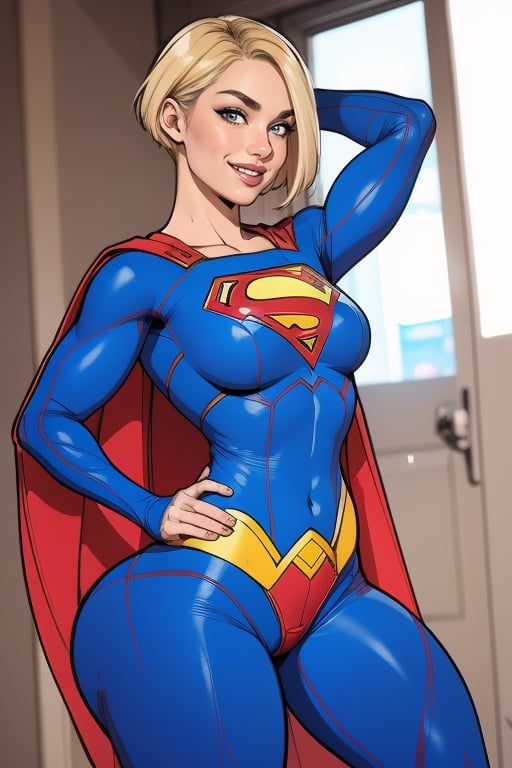 supergirl,kara,agawa,vibrant colors,warm palette,expressive,solid shading, kind look, sexy, blond_hair, whole body, smilling, looking_at_viewer, fully_clothed, fully_dressed, short hair