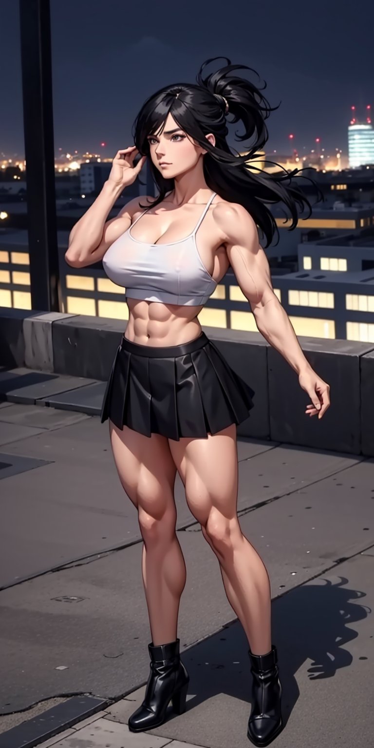 masterpiece, best quality, absurdres, perfect anatomy, 1girl, solo, outdoors, rooftop, midnight, full_body, feet, standing_up, muscular_body, muscular female, gigantic_breast, lithe_body, facing_viewer, looking_at_viewer, focus, gigantic_breasts, black_hair, long_hair, beauty_marks, NanaShimura, mha, black_eyes, black_micro_skirt, white_camisole, heels, exposed_midriff