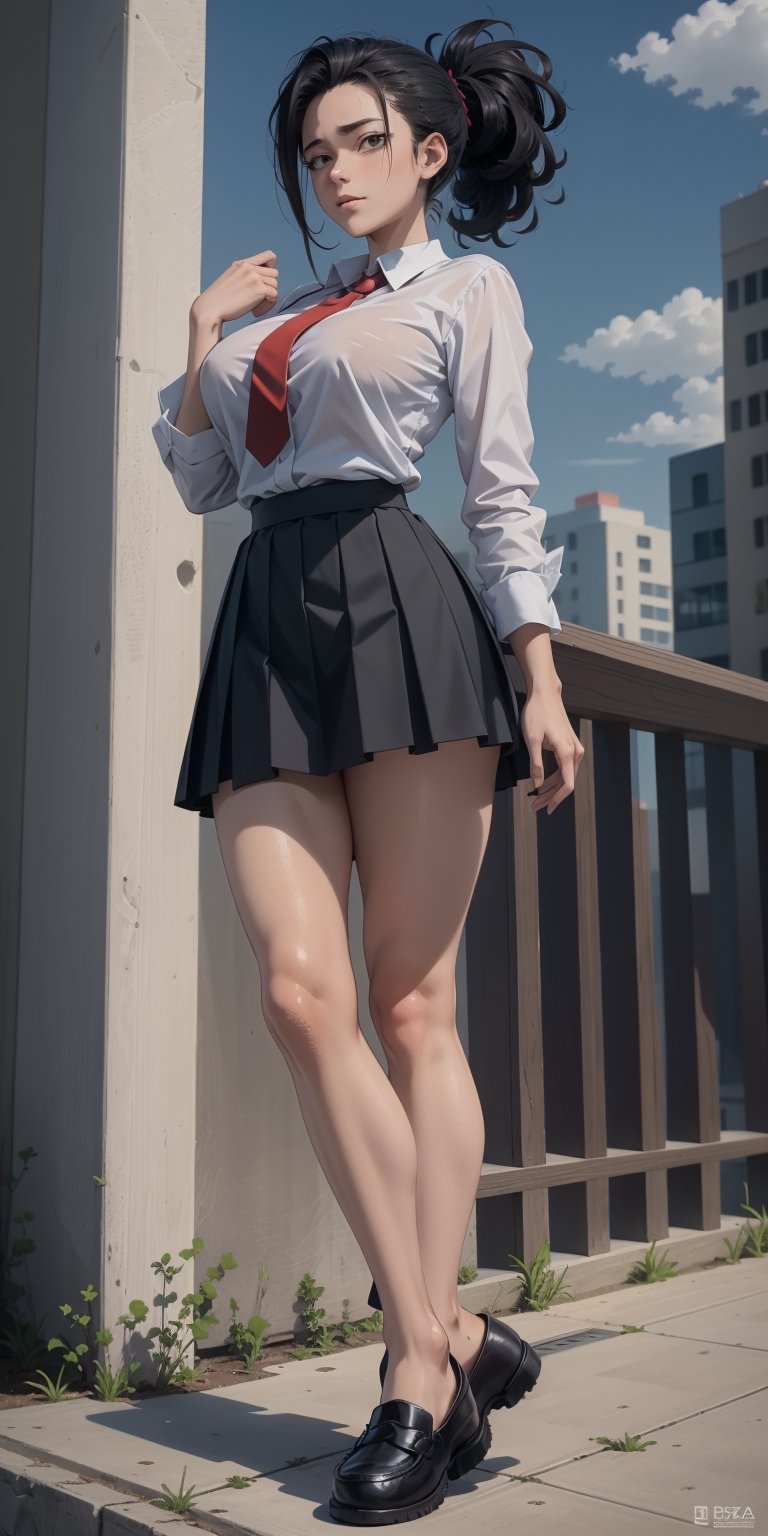 masterpiece, best quality, absurdres, perfect anatomy, 1girl, solo, outdoors, midnight, full_body, feet, standing_up, muscular_body, muscular_female, facing_viewer, looking_at_viewer, focus, slim_body, yaoyorozu momo, black_hair, ponytail, hair_pulled_back, black_eyes, large_breasts, spiky_ponytail, fanned-out ponytail,u.a. school uniform, micro_skirt, green_skirt, white_shirt, red_tie,  loafers_shoes