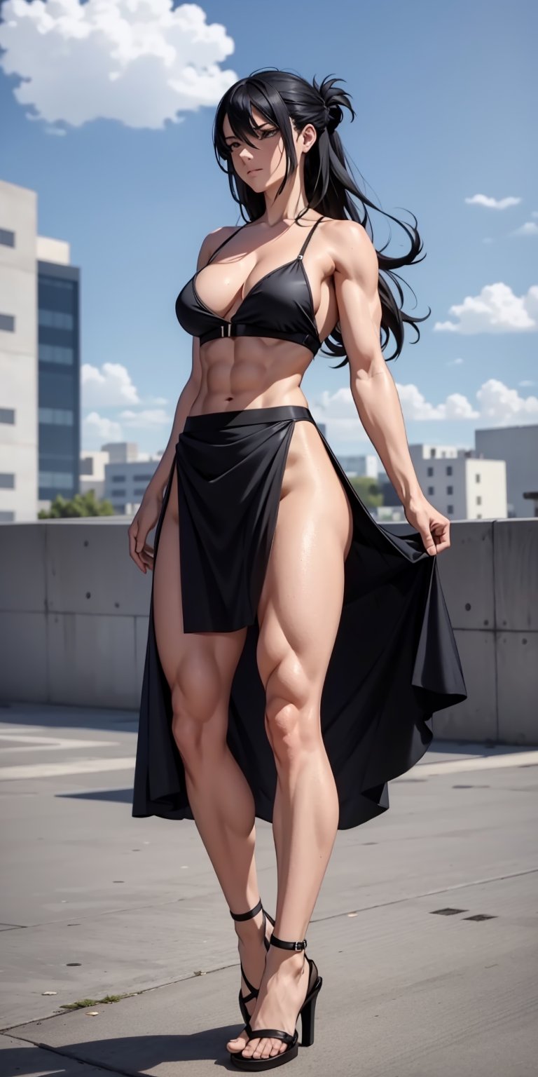 masterpiece, best quality, absurdres, perfect anatomy, 1girl, solo, outdoors, rooftop, midnight, full_body, feet, standing_up, muscular_body, muscular female, gigantic_breast, lithe_body, facing_viewer, looking_at_viewer, focus, gigantic_breasts, black_hair, long_hair, beauty_marks, NanaShimura, mha, black_eyes, exposed_midriff, black_micro_skirt, white_camisole, heels, skirt_slit, barely_clothed, revealing_clothes, scantily_clad, skimpy,