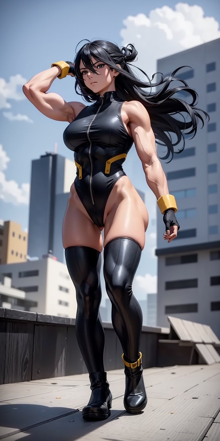 masterpiece, best quality, absurdres, perfect anatomy, 1girl, solo, outdoors, rooftop, midnight, full_body, feet, standing_up, muscular_body, muscular female, gigantic_breast, lithe_body, facing_viewer, looking_at_viewer, focus, gigantic_breasts, black_hair, long_hair, beauty_marks, NanaShimura, mha, black_eyes, skintight, sleeveless, black_leotard, red_belt,  yellow_gloves, white_boots, heel_boots, bare_shoulders, bare_arms