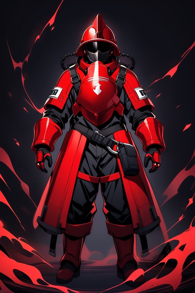 alone, looking at viewer,fireman,full body, red armor with black stripes, dark aura