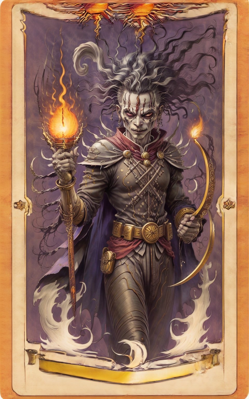 necromancer superhero wearing traditional malay man suit holding keris weapon with fire background full body ,tarot