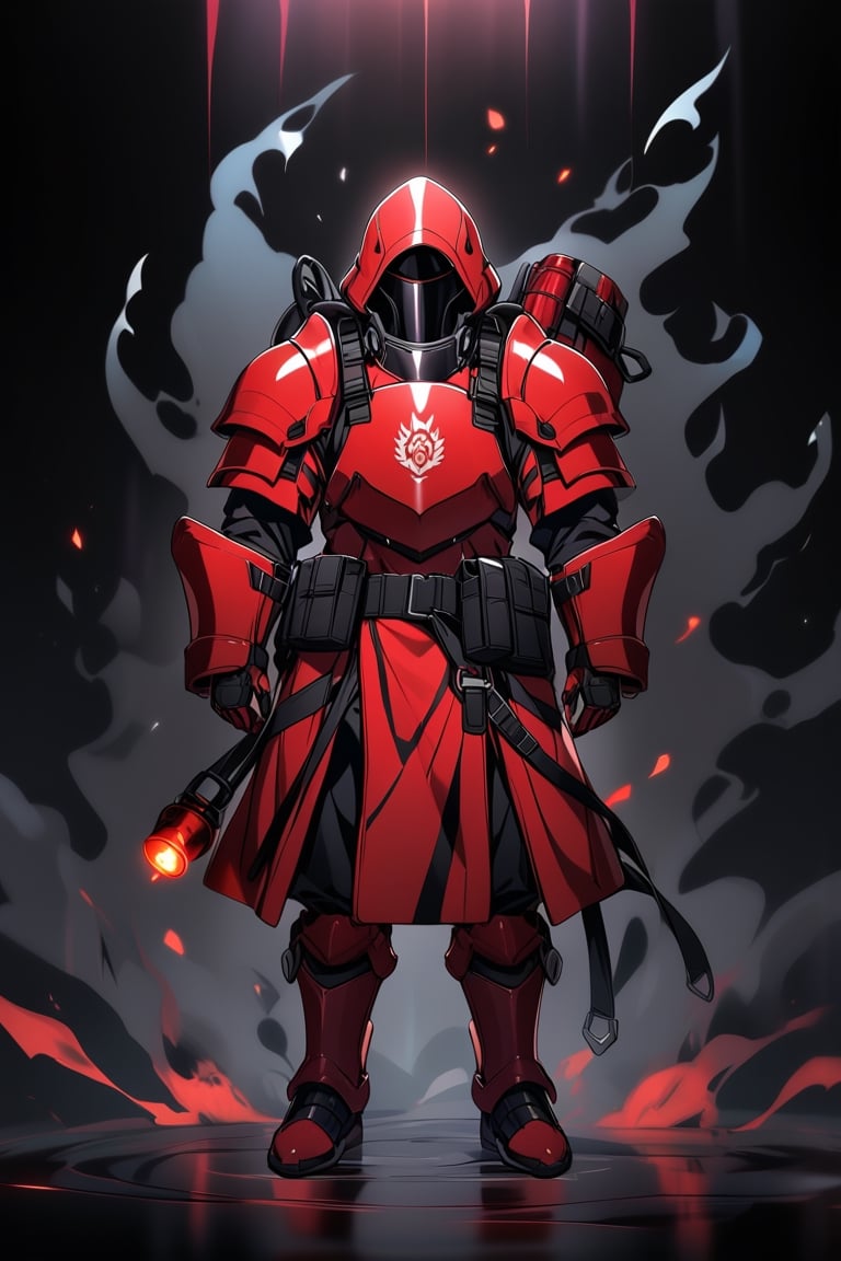 alone, looking at viewer,fireman,full body, red armor with black stripes, dark aura