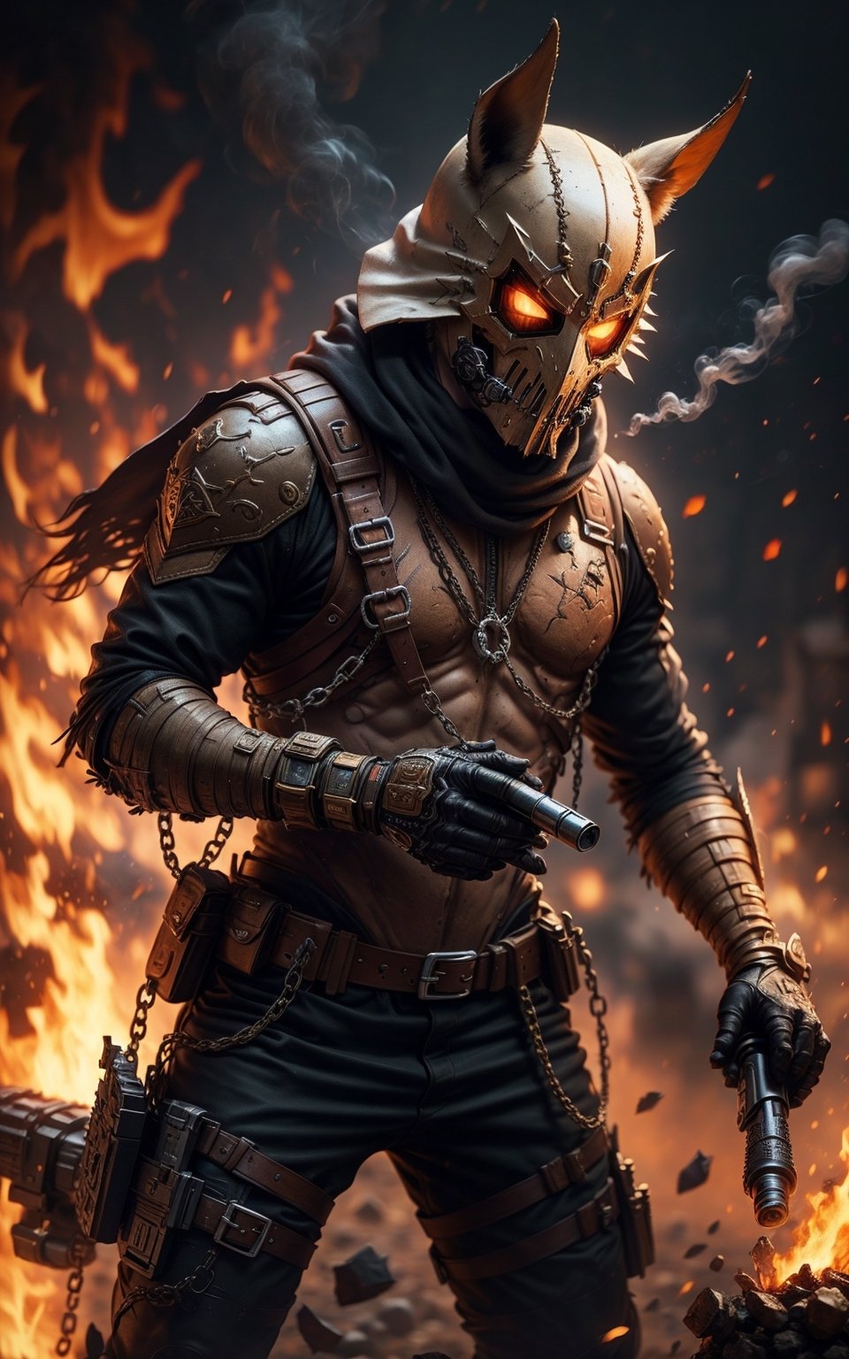 weapon, chili man, gun, gloves, bat \(animal\), firing, male focus, hot fire chili, shell casing, holding weapon, holding, smoke, chain, holding gun, mask, black gloves