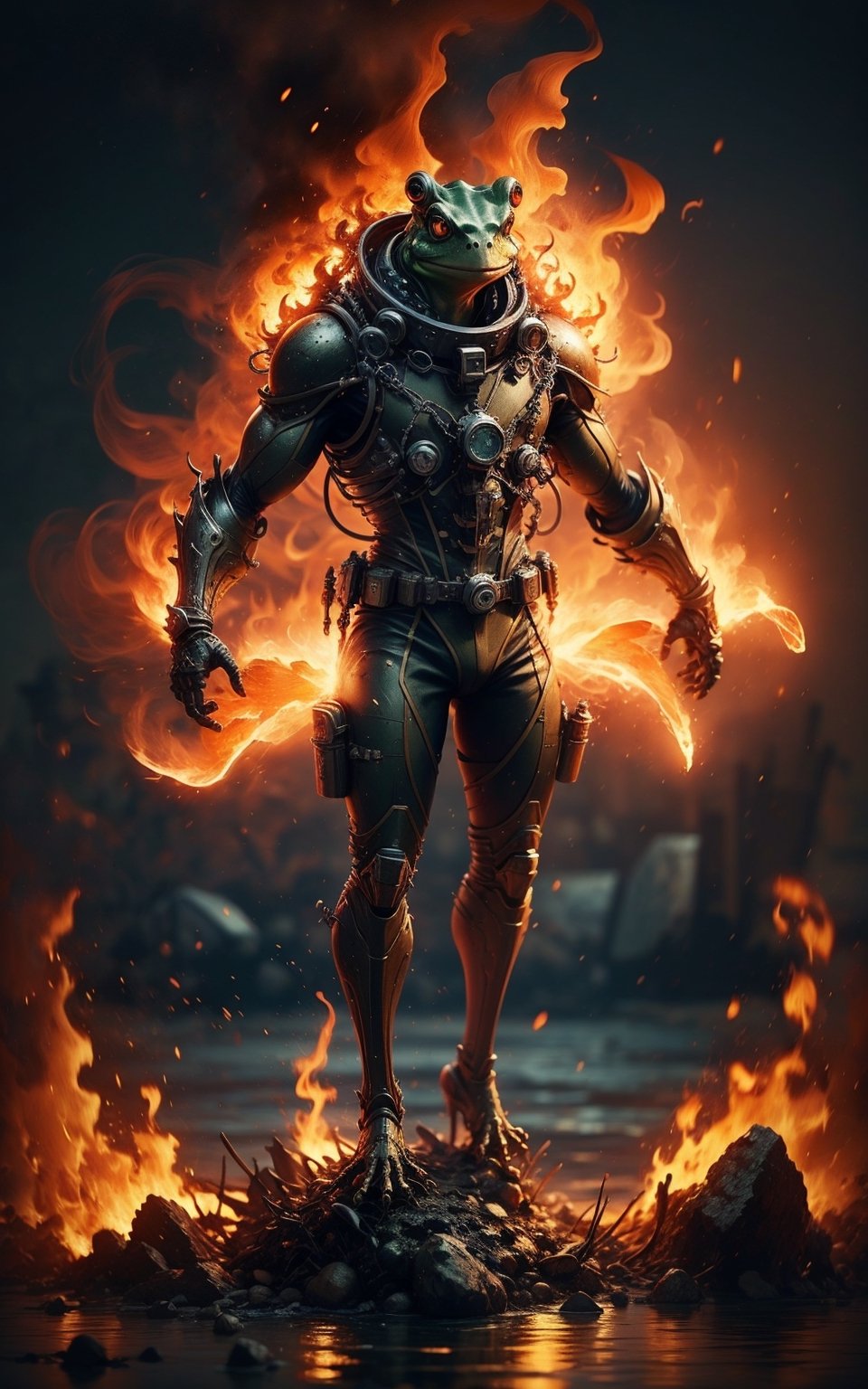 bullfrog superhero wearing diving suit with island on fire background full body green fire