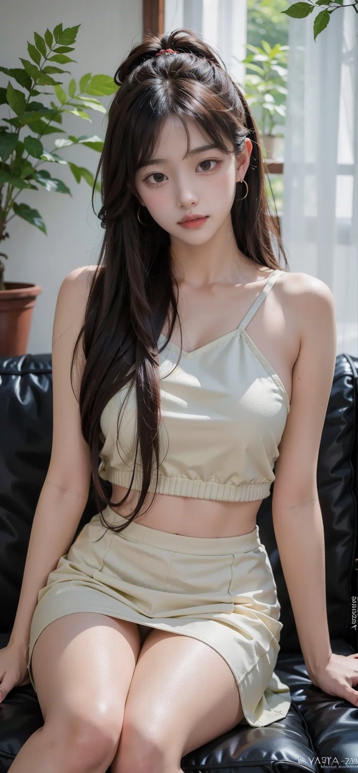 beautiful cute young attractive korean teenage girl, village girl, 18 years old, cute, Instagram model, long black_hair, colorful hair, warm, dacing, in home sit at sofa, indian,Indian,Yewon, naked 