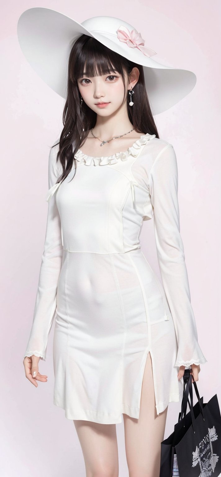 background is runway, pink color background,
18 yo, 1 girl, beautiful korean girl,wearing tight white dress(long sleeves),long white lady hat,holding shopping bag,happy smile, solo, {beautiful and detailed eyes}, dark eyes, calm expression, delicate facial features, ((model pose)), Glamor body type, (dark hair:1.2), simple tiny earrings, simple tiny necklace,bangs, flim grain, realhands, masterpiece, Best Quality, 16k, photorealistic, ultra-detailed, finely detailed, high resolution, perfect dynamic composition, beautiful detailed eyes, eye smile, ((nervous and embarrassed)), sharp-focus, full_body, cowboy_shot,