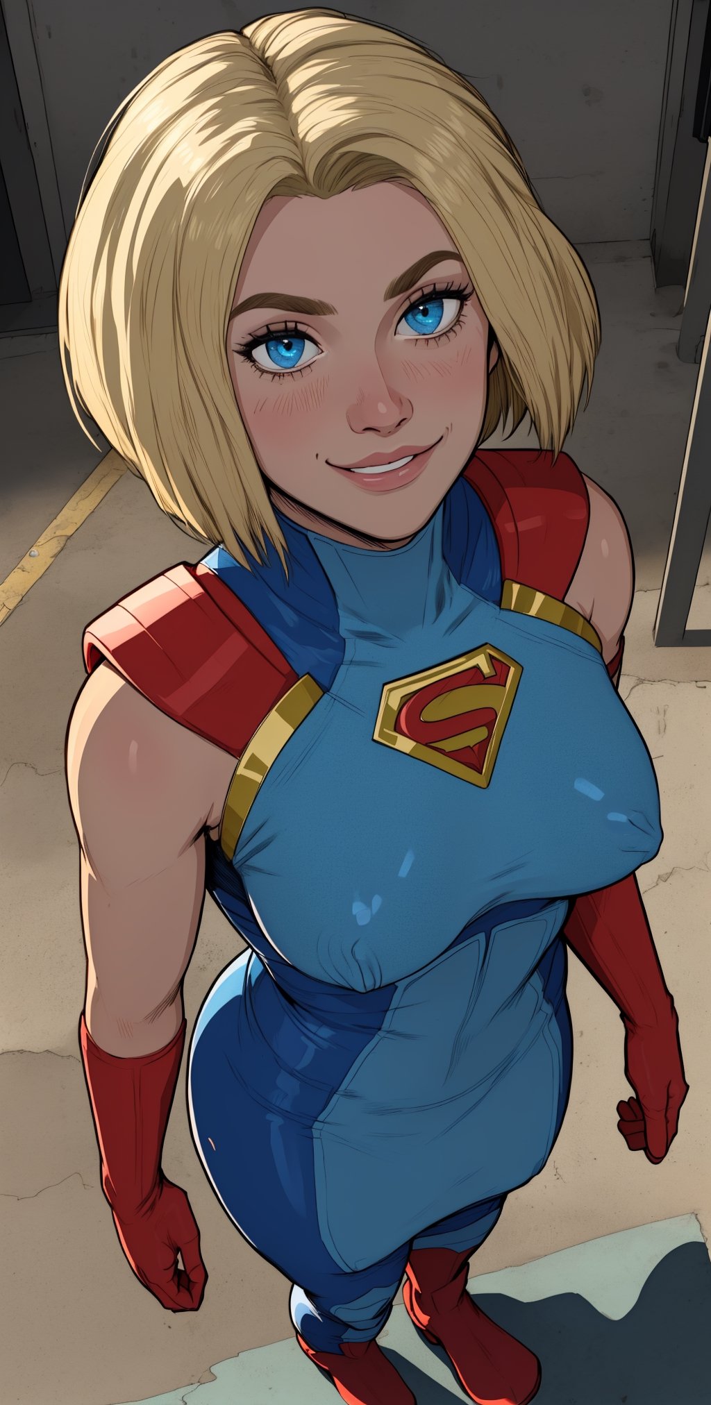 kara, short blonde hair,  blue eyes,   light smile, 
blue body suit, S (symbol\), red gloves,  from above, 
standing, upper body, solo,   covered nipples,  
morning, metropolis city,  
 (insanely detailed, beautiful detailed face, masterpiece, best quality), 