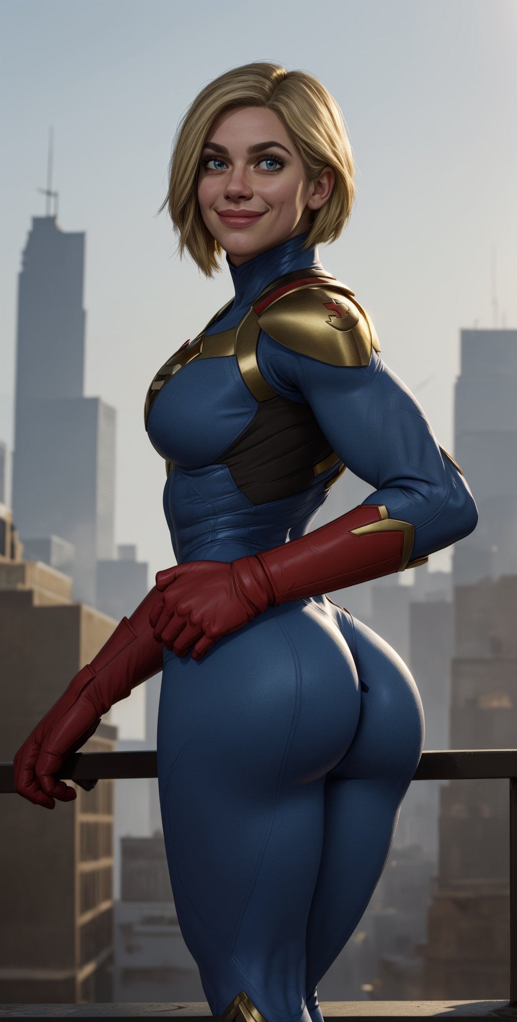 kara, short blonde hair,  blue eyes, smiling, 
blue body suit, S (symbol\), red gloves, 
standing, solo,  
morning, metropolis city,  
 (insanely detailed, beautiful detailed face, masterpiece, best quality), ass, butt, looking_at_viewer, looking_at_camera