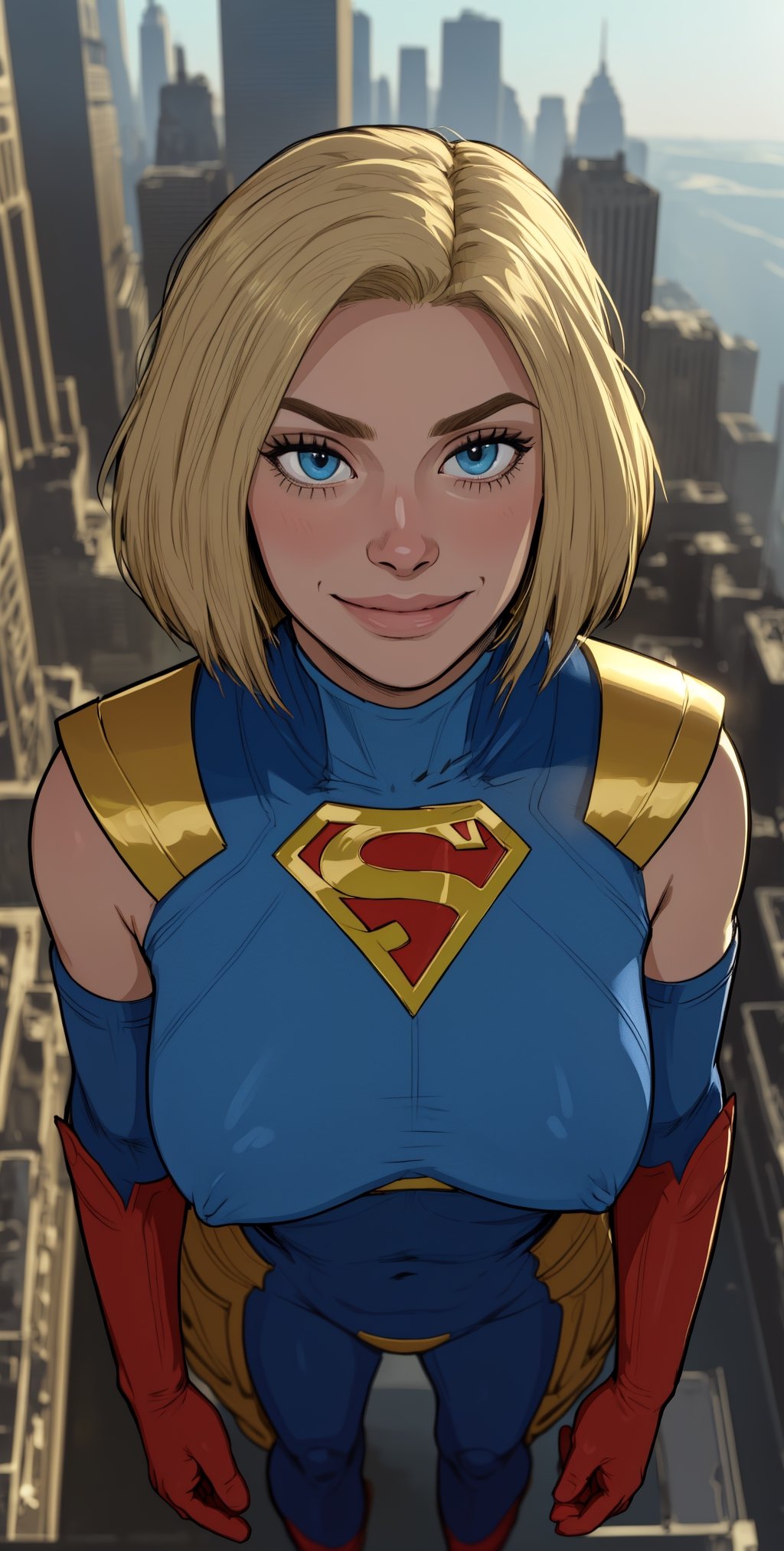 kara, short blonde hair,  blue eyes,   light smile, 
blue body suit, S (symbol\), red gloves,  from above, 
standing, upper body, solo,   covered nipples,  
morning, metropolis city,  
 (insanely detailed, beautiful detailed face, masterpiece, best quality), 