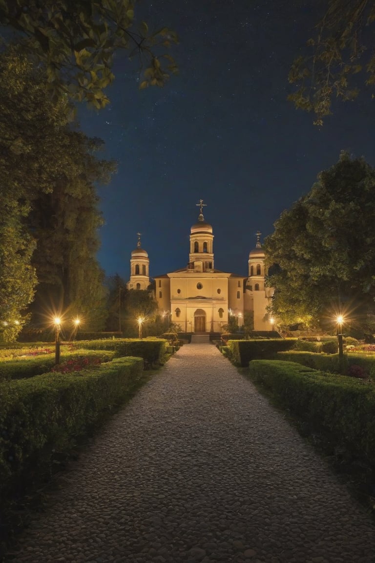 In a plain city, a place of peace and harmony we find a monastery with a beautiful garden, lamps illuminate the facade of the monastery (close viewing angle of the monastery), during the night the place is illuminated, some friars are entering the monastery, trees around it, the stars illuminate the sky, (Better quality) (detailed) (cinematic) HDR, 8k,