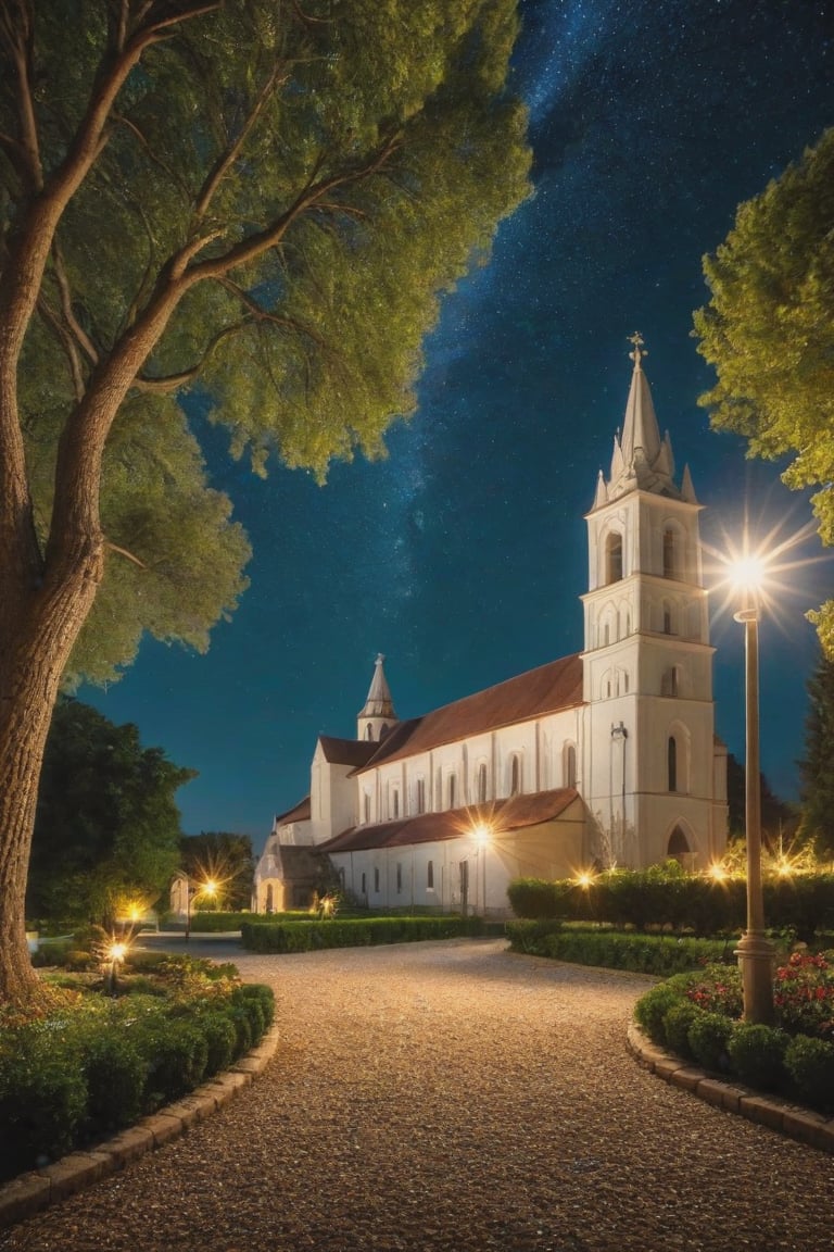 In a plain city, a place of peace and harmony we find a monastery with a beautiful garden, gates illuminate the facade of the monastery, during the night the place is illuminated, some friars are entering the monastery, trees around it, the stars illuminate the sky, (Better quality) (detailed) (cinematic) HDR, 8k,