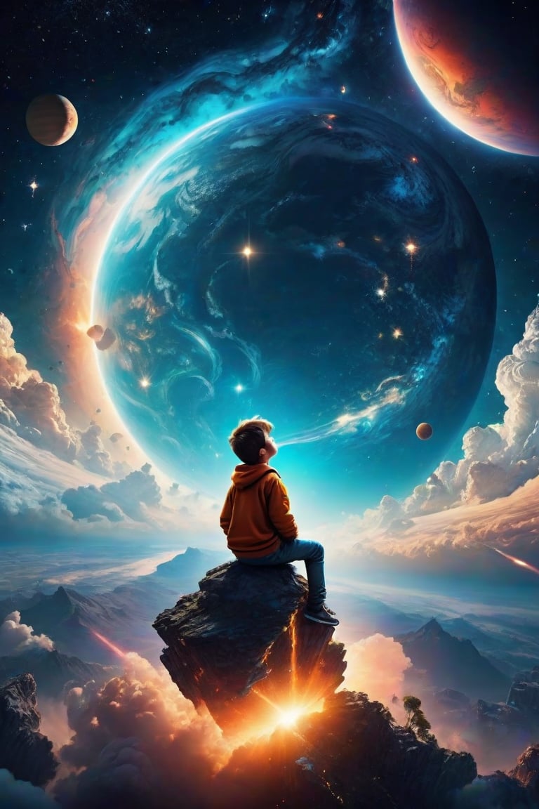 a magical, irreverent moment, a boy is sitting on a cloud (aerial view angle above the boy) in the sky and from up there he is looking at planet earth, the sky is full of stars, the boy has his head in his hands looking in admiration, (Better quality) (detailed) (realistic animation) (cinematic) 8k,color chaos