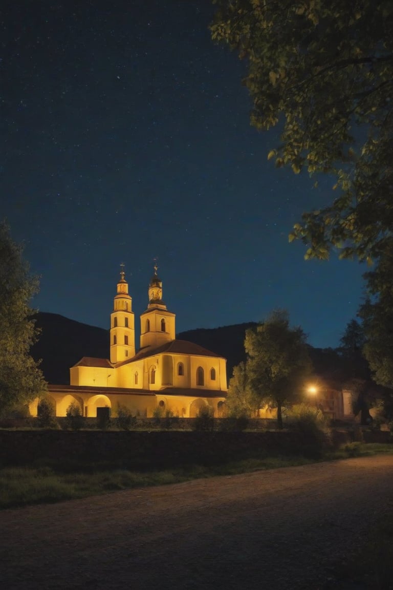 In a plain city, a place of peace and harmony we find a monastery (close view of the monastery), during the night the place is illuminated, some friars are entering the monastery, trees around it, the stars illuminate the sky, (Better quality) (detailed) (realistic) (cinematic) 8k,