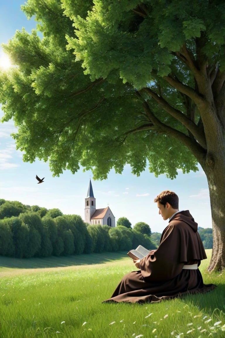 (best quality) (realistic) (masterpiece), (photo realistic), (extremely detailed), 8k, cinematic, in a beautiful landscape, a green field, an inspiring moment, a young friar wearing a shabby Franciscan religious habit, simple, sitting under a tree, he has the Bible in his hands, looking up he is thoughtful, the shadow of the tree envelops his space, it is a sunny day, in the distance you can see a church with a high tower, birds are passing through the sky , love scene, divine moment,