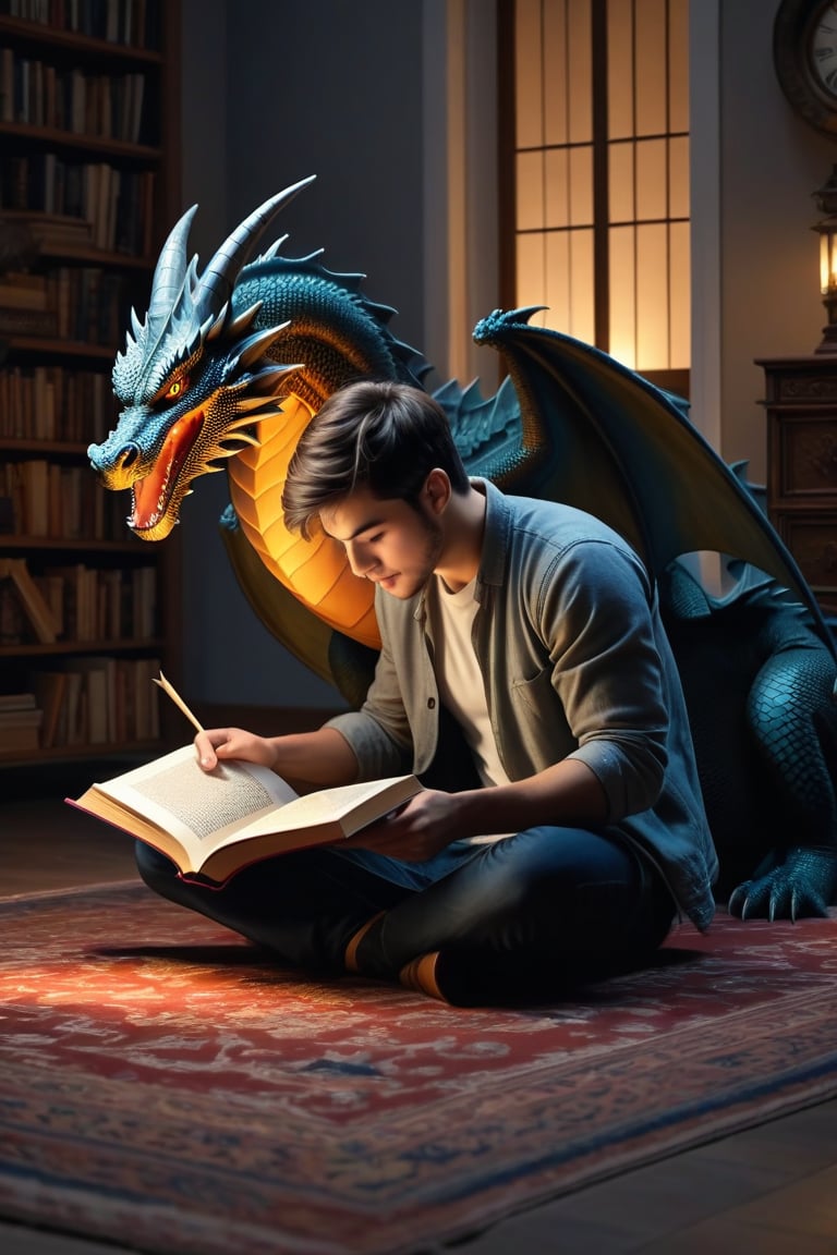 (best quality) (realistic) A young man sitting on the floor of his room reading a book, suddenly the figure of a dragon emerges from within the book, the young man is amazed, magical, mysterious moment, high quality image, 4k,