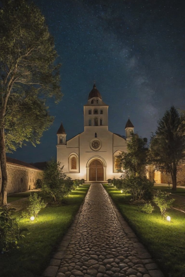 In a plain city, a place of peace and harmony we find a monastery with a beautiful garden, gates illuminate the facade of the monastery, during the night the place is illuminated, some friars are entering the monastery, trees around it, the stars illuminate the sky, (Better quality) (detailed) (cinematic) HDR, 8k,