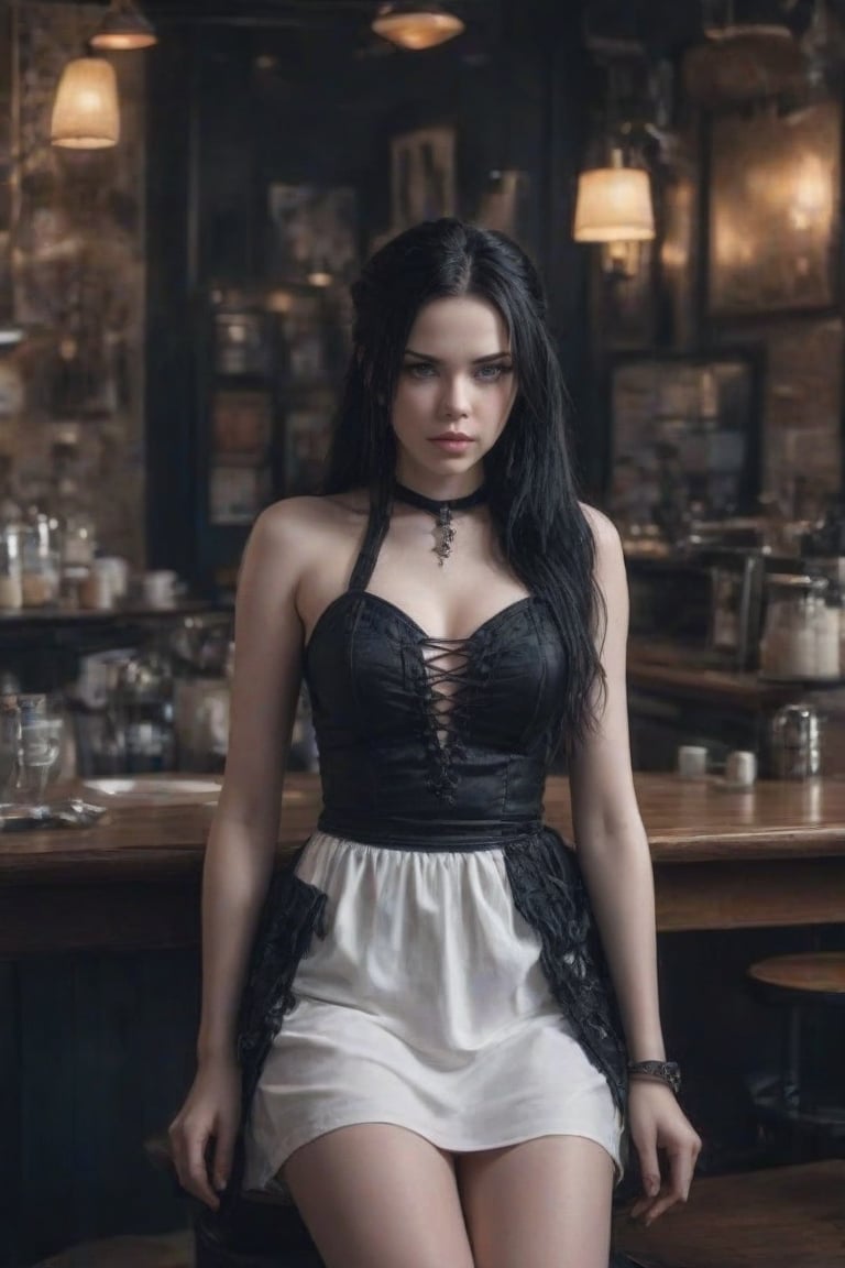 A young woman, 18 years old, Emy Lee (lead singer of Evanescence) black hair, blue eyes, sarcastic look expression, white skin, is wearing gothic style dress, she is in an American coffee shop, (Better quality) (realistic) (detailed) (cinematic) (full body shot) 8k, 1080p