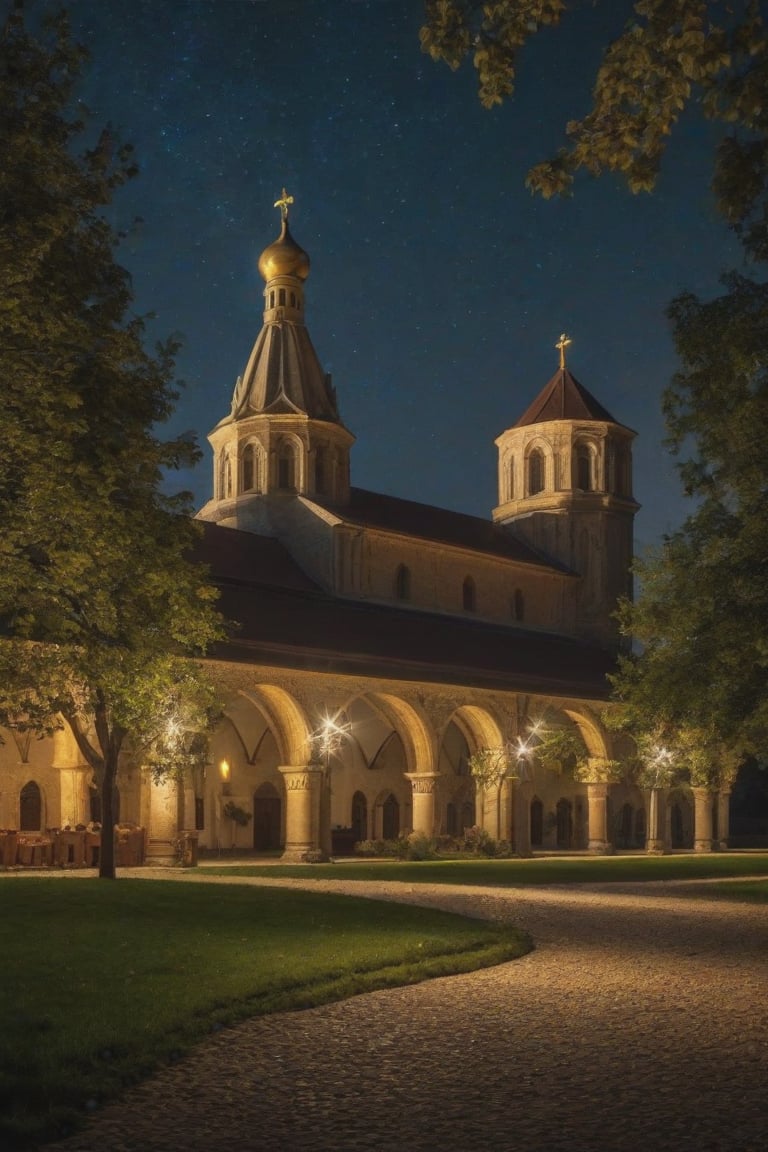 In a plain city, a place of peace and harmony we find a monastery with a beautiful garden, lamps illuminate the facade of the monastery, during the night the place is illuminated, some friars are entering the monastery, trees around it, the stars illuminate the sky, (Better quality) (detailed) (cinematic) HDR, 8k,