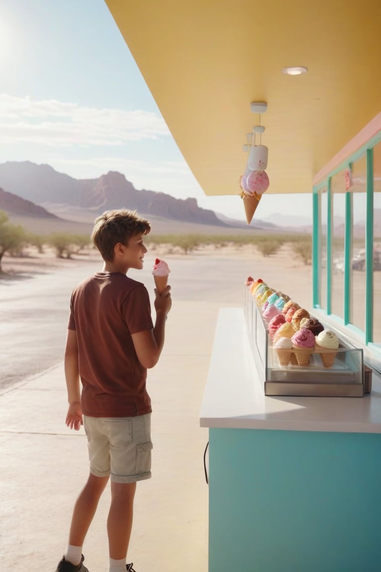 A deserted place, bright sun, scorching heat, a young traveler finds an ice cream shop (big, modern ice cream shop) in the middle of the desert, he looks at the ice cream shop with joy, (detailed) (cinematic) 8k,