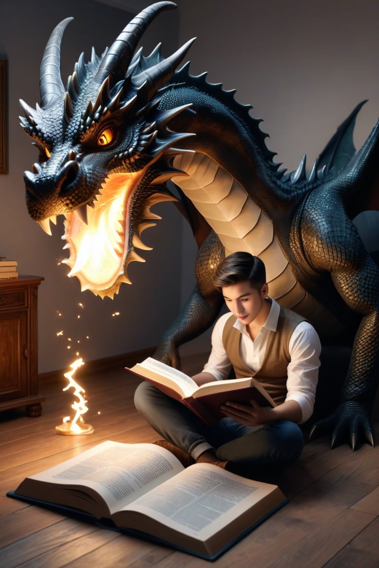 (best quality) (realistic) A young man sitting on the floor of his room reading a book, suddenly the figure of a dragon emerges from within the book, the young man is amazed, magical, mysterious moment, high quality image, 4k,