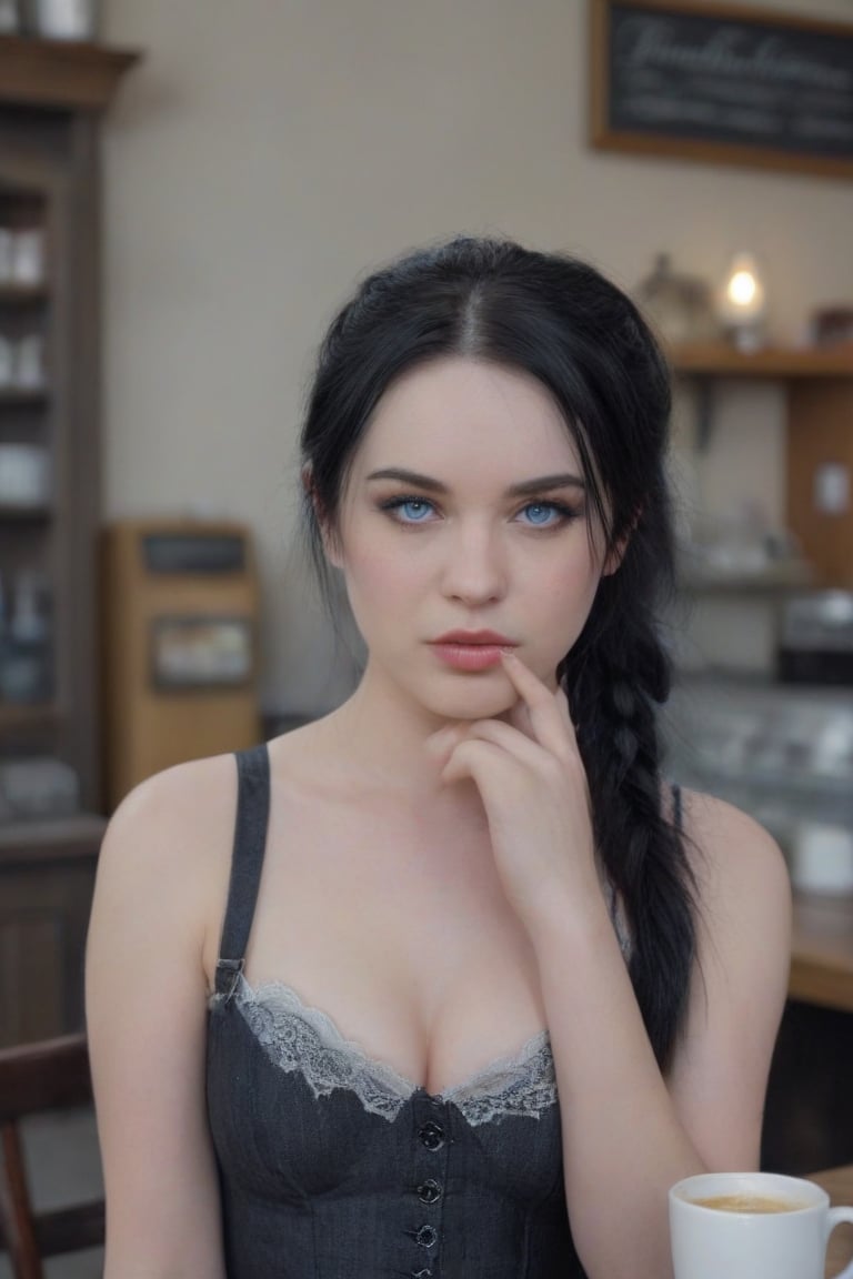 A young woman, 18 years old, Emy Lee (lead singer of Evanescence) black hair, blue eyes, sarcastic look expression, white skin, is wearing gothic style dress, she is in an American coffee shop, (Better quality) (realistic) (detailed) (cinematic) 8k, 1080p,(best quality, 4K, 8K, high-resolution, masterpiece), ultra-detailed, best detailed, details, skin detailed, photorealism, photorealistic, intricate, elegant, highly detailed, insane details, intricate details, hyper detailed