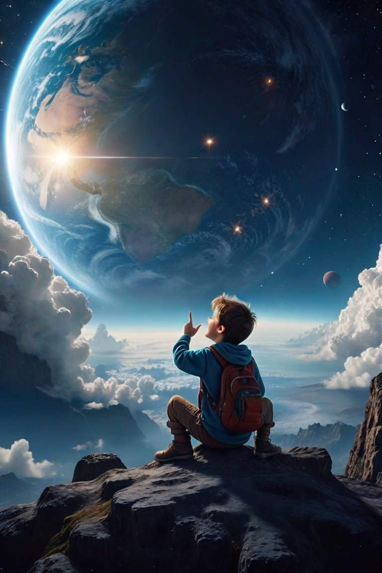 a magical, irreverent moment, a boy is sitting on a cloud and from up there he is looking at planet earth, the sky is full of stars, the boy is pointing at the planet with admiration, (Better quality) (detailed) (realistic animation) (cinematic) 8k,