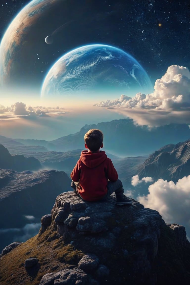 a magical, irreverent moment, a boy is sitting on a cloud and from up there he is looking at planet earth, the sky is full of stars, the boy is pointing at the planet with admiration, (Better quality) (detailed) (realistic animation) (cinematic) 8k,