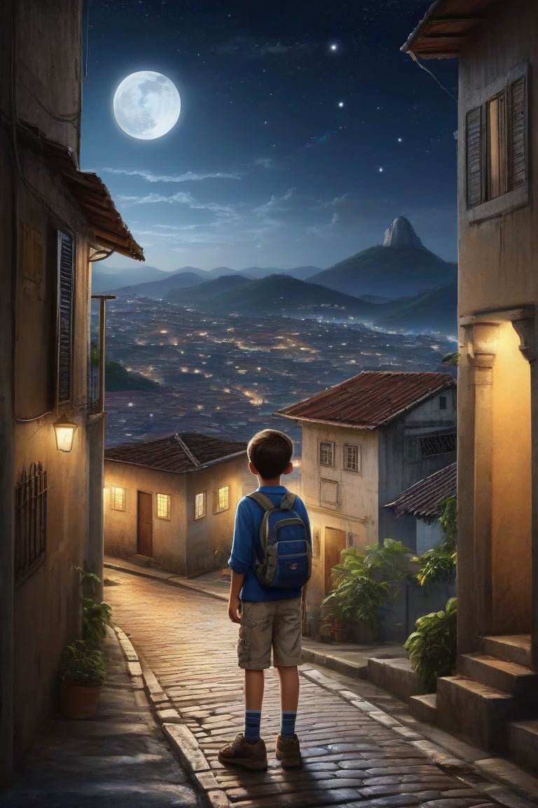 best quality) (realistic) Image from a professional photographer, a boy standing at the top of a street, he is looking at a house and from the window the light from a television illuminates the environment, the scene takes place at night, starry sky, clear moon, in the lower part of the city you can see a village of houses with the lights on, illuminating the city, Brazilian architecture, (Realistic painting) (enigmatic painting), 4k,