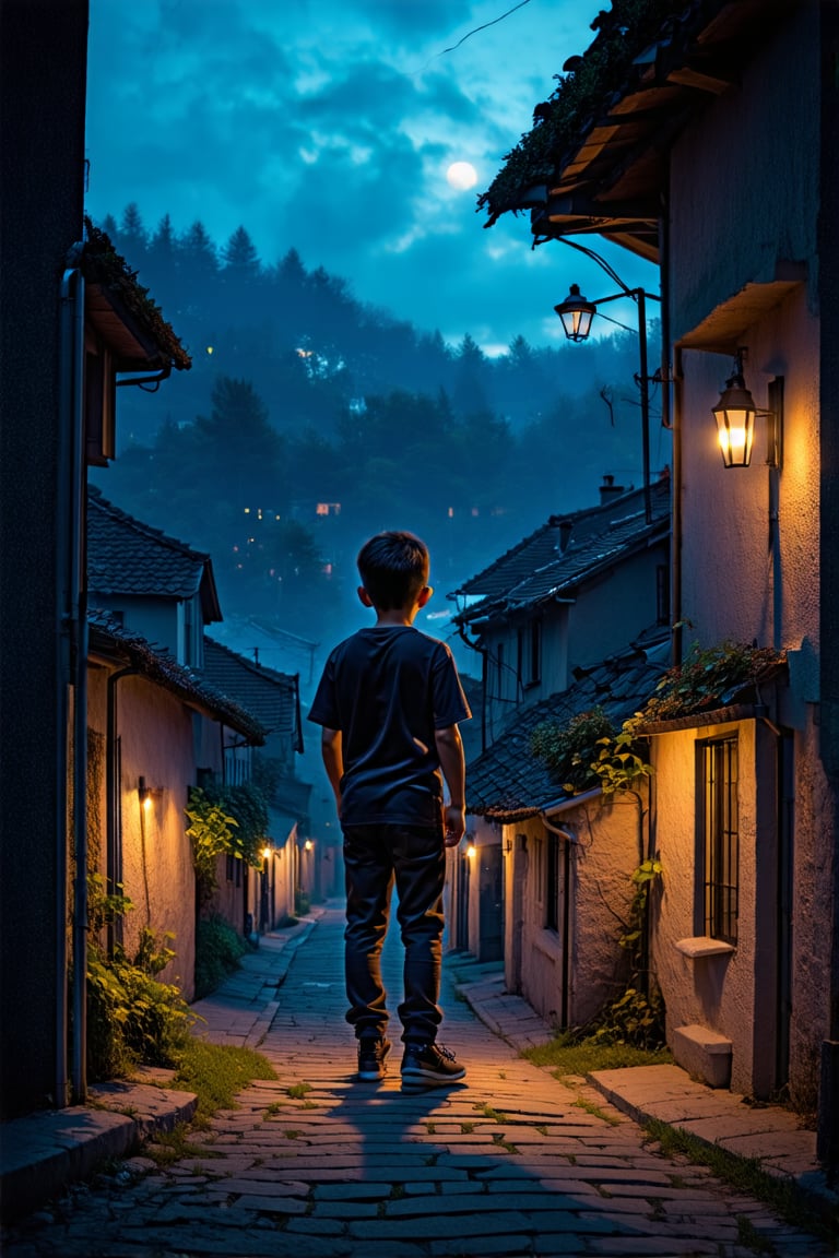 best quality) (realistic) Image from a professional photographer, a boy standing at the top of a street, he is looking through the window of a house and inside the house the television is on, the scene takes place at night, in the lower part of the street a village of houses is visualized with the lights on, illuminating the city, (Realistic painting) (enigmatic painting), 4k,