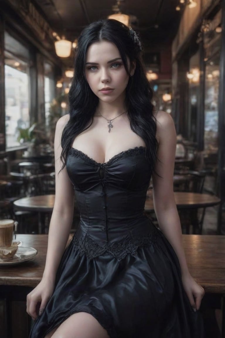 A young woman, 18 years old, Emy Lee (lead singer of Evanescence) black hair, blue eyes, sarcastic look expression, white skin, is wearing gothic style dress, she is in an American coffee shop, (Better quality) (realistic) (detailed) (cinematic) (full body shot) 8k, 1080p