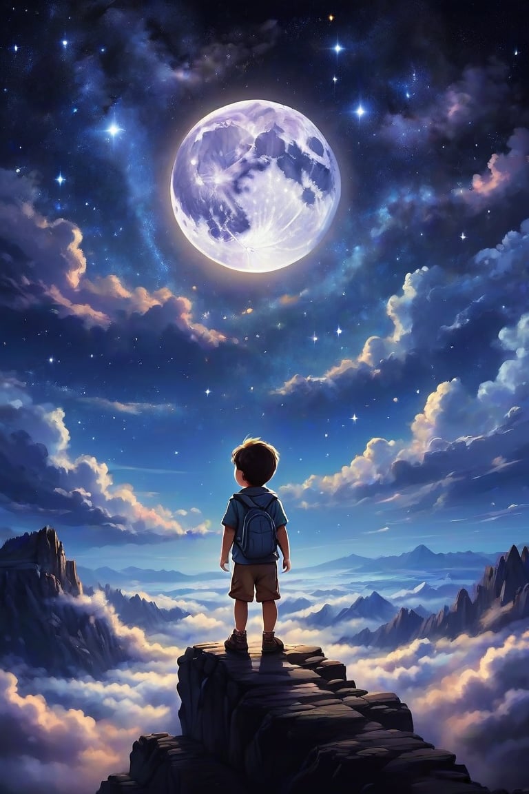 During the night, on top of the clouds a child is amazed as he looks at the stars, the sky is lit up, the moon is shining,