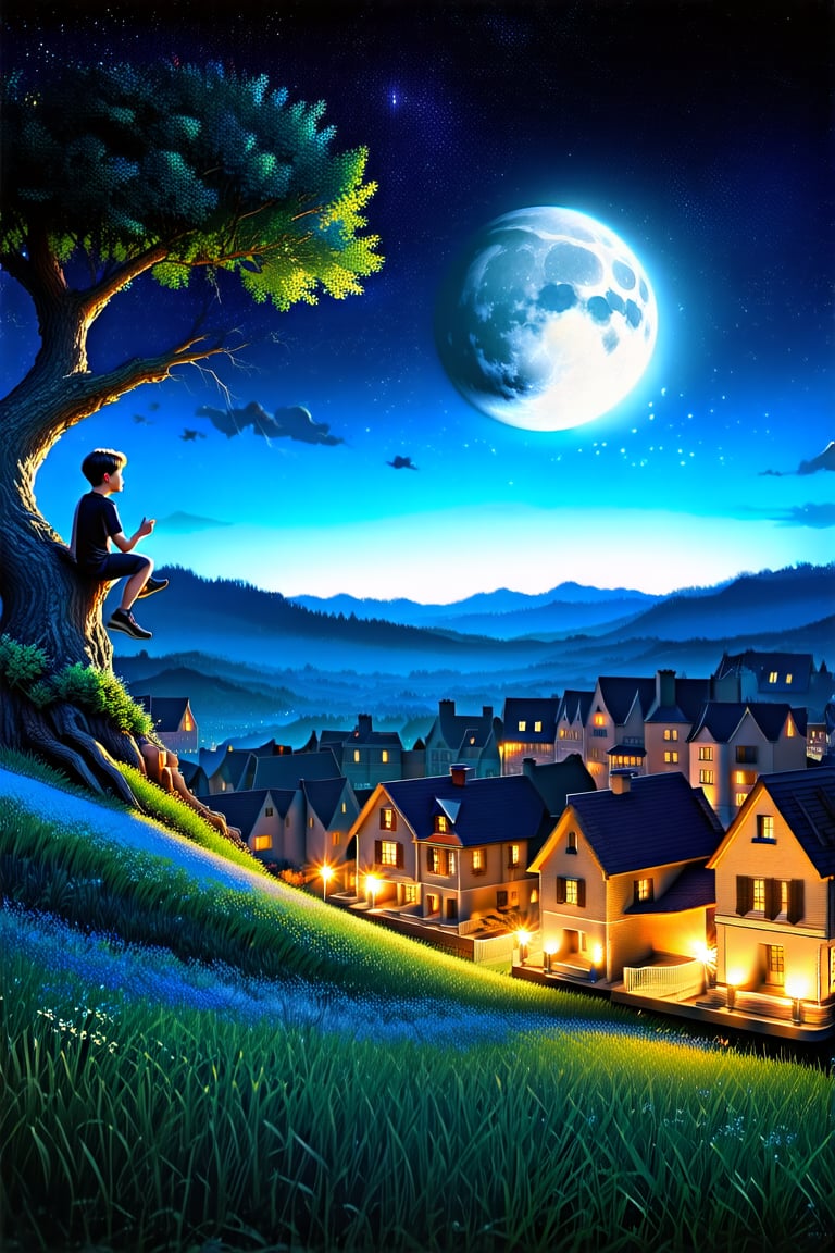 (best quality) (realistic) (masterpiece), (photo realistic), (extremely detailed), 8k, cinematic, A boy sitting on the branch of a tree, the tree is on top of a hill, up there the boy is observing the beauty of the night, bright moon, sky with many stars, down below the lights of the houses illuminate the small town,