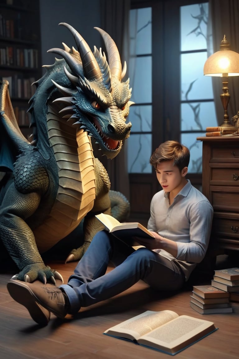 (best quality) (realistic) A young man sitting on the floor of his room reading a book, suddenly the figure of a dragon emerges from within the book, the young man is amazed, magical, mysterious moment, high quality image, 4k,