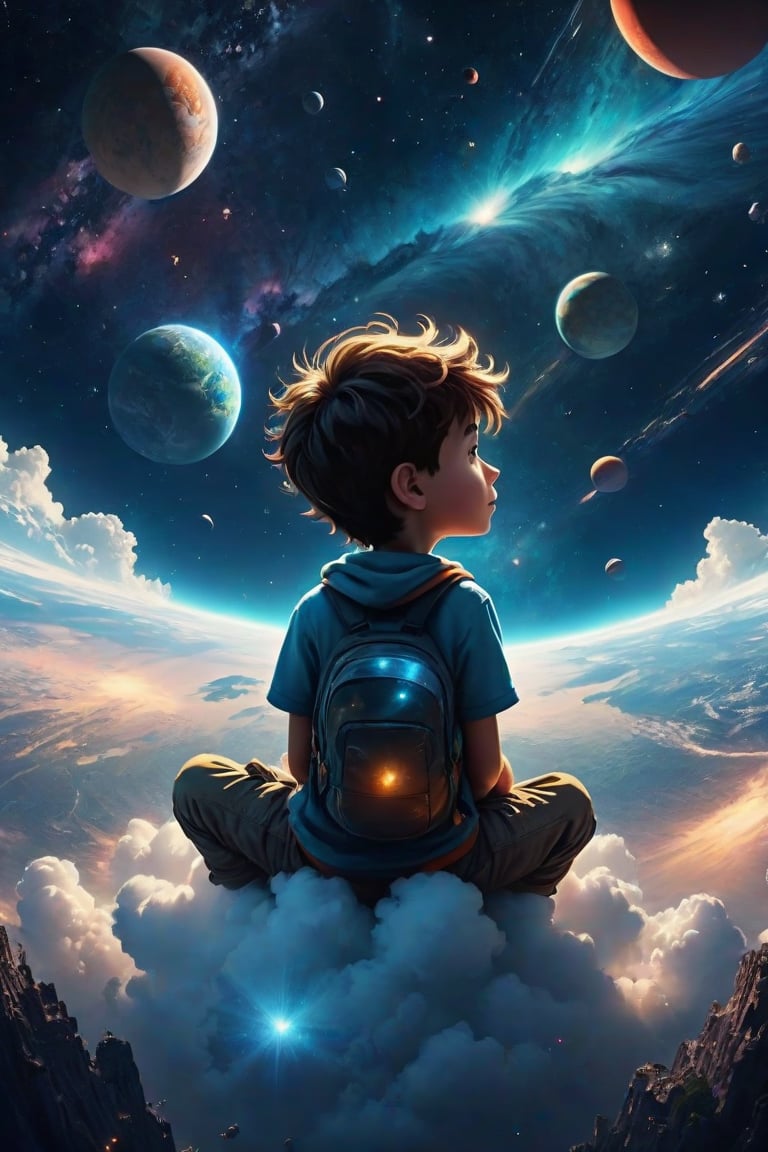 a magical, irreverent moment, a boy is sitting on a cloud (aerial view angle above the boy) in the sky and from up there he is looking at planet earth, the sky is full of stars, the boy has his head in his hands looking in admiration, (Better quality) (detailed) (realistic animation) (cinematic) 8k,color chaos